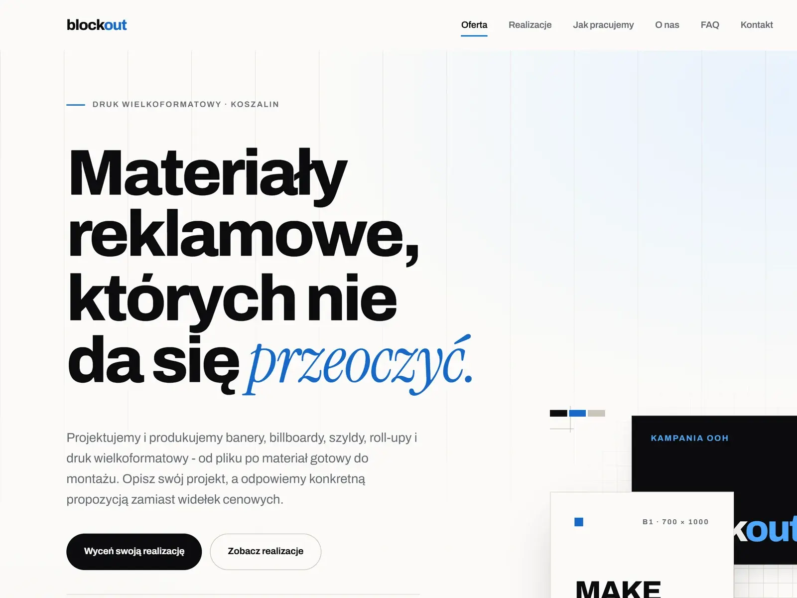 Strona Blockout: oferta druku i oznakowania oraz przycisk zapytania o wycenę