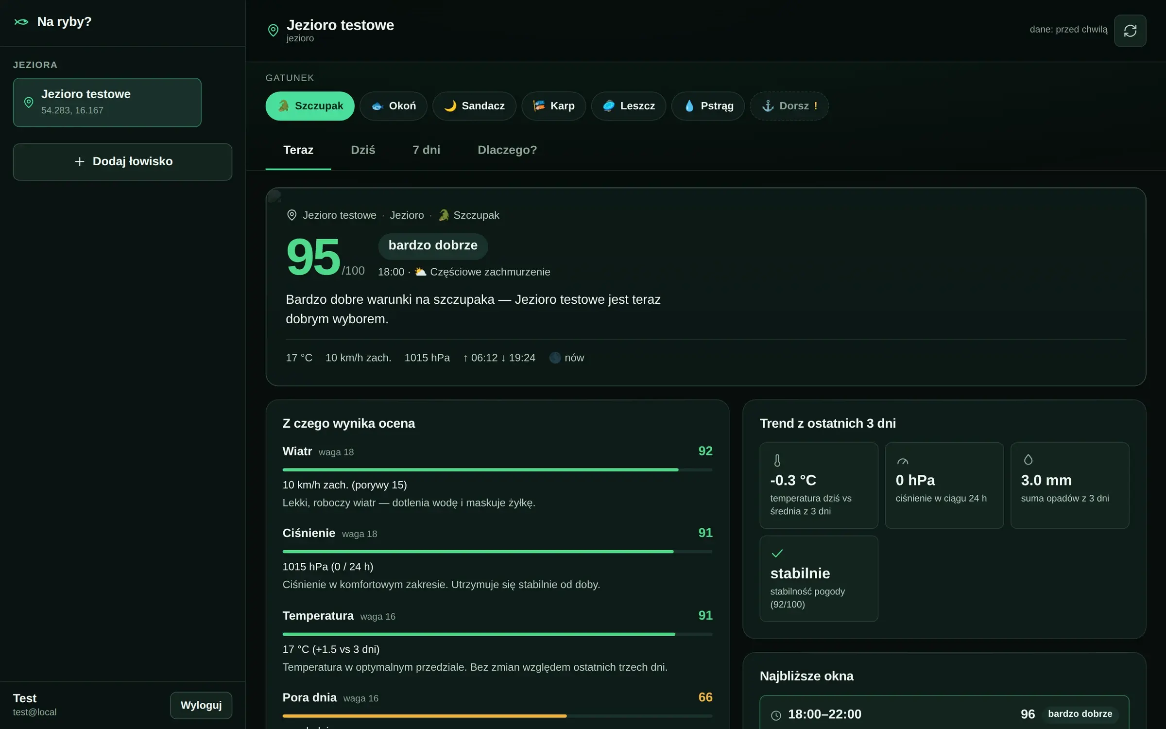 Planer wędkarski z oceną, rozbiciem na czynniki i trendem z 3 dni