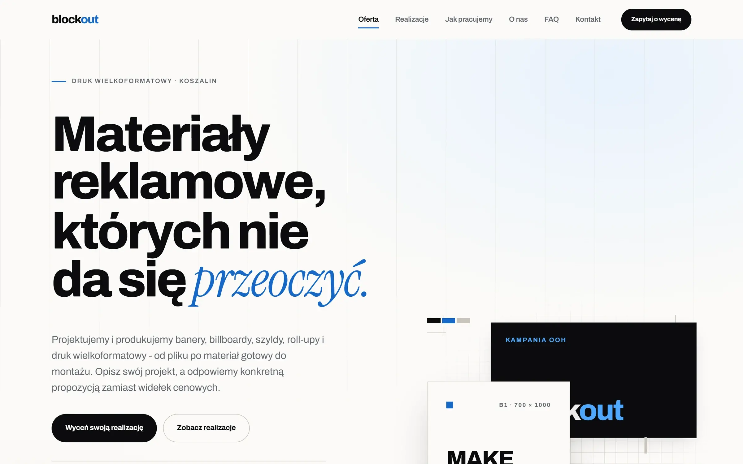 Strona główna Blockout z nagłówkiem i przyciskiem wyceny